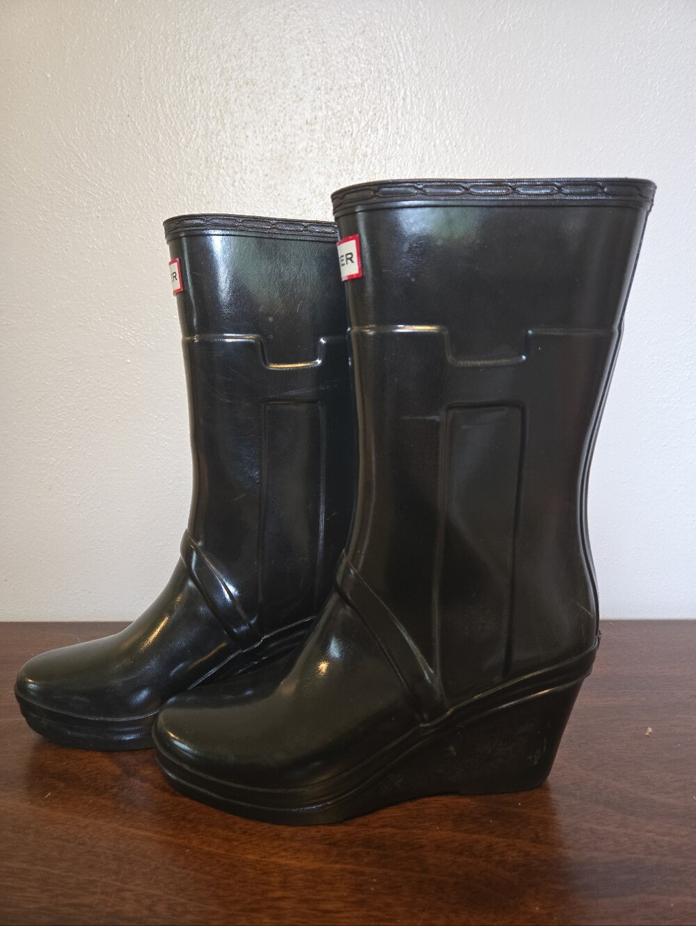 Hunter Kellan Wedge Round Toe Rain Boots Black 6